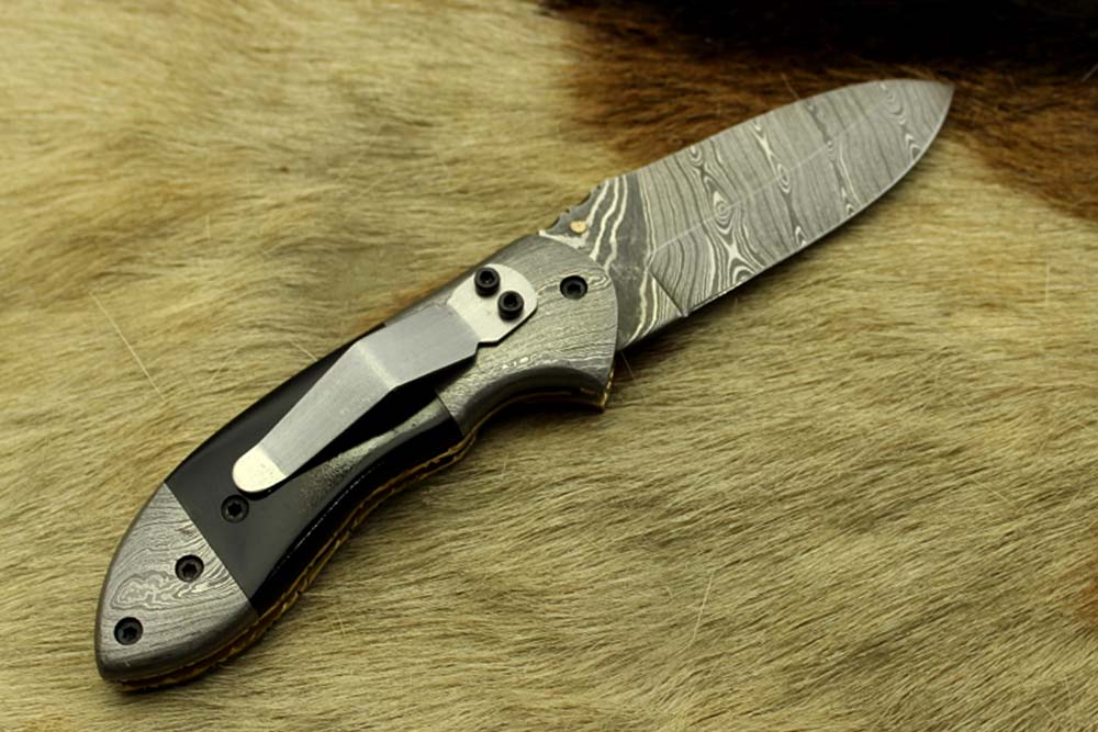 Damascus steel 7" folding knife, liner lock, thumb knob, Cow sheath, 4 Colors