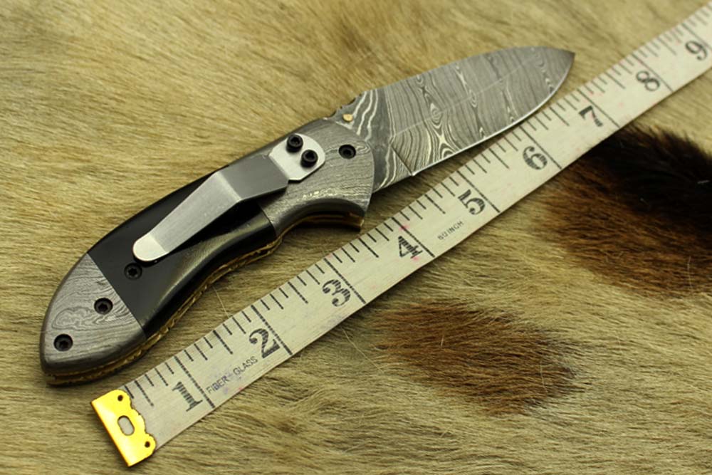Damascus steel 7" folding knife, liner lock, thumb knob, Cow sheath, 4 Colors