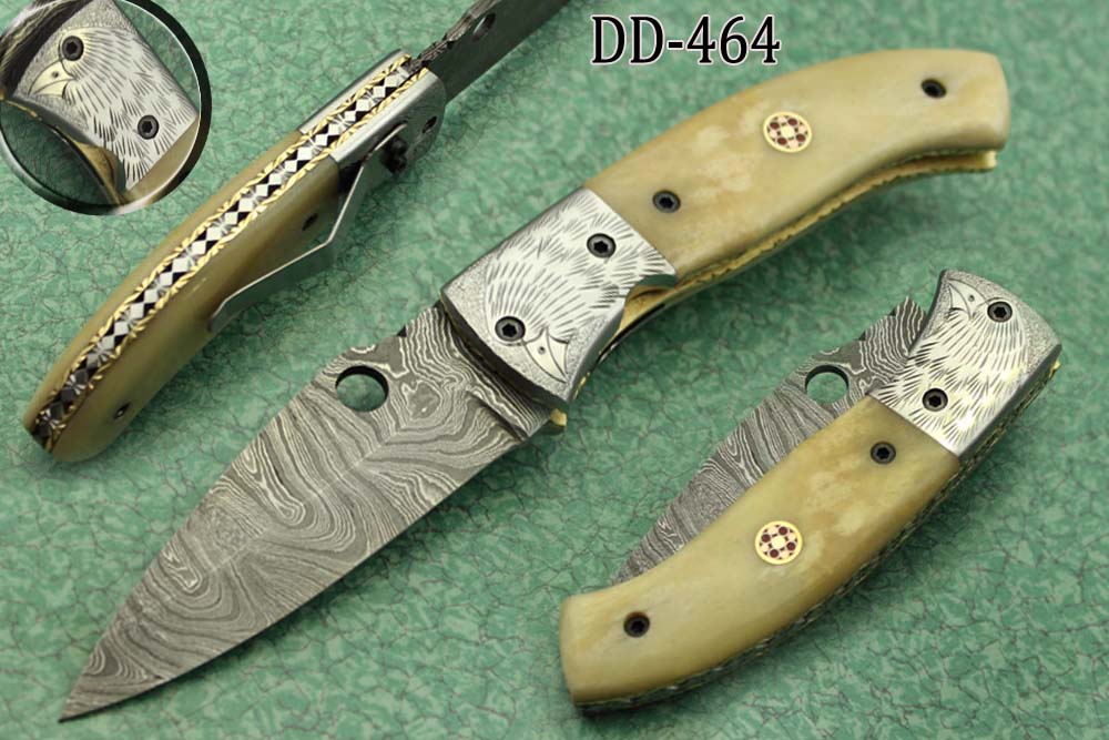 8" folding knife Damascus steel Engraved bird, liner lock, Horn & Bone scale