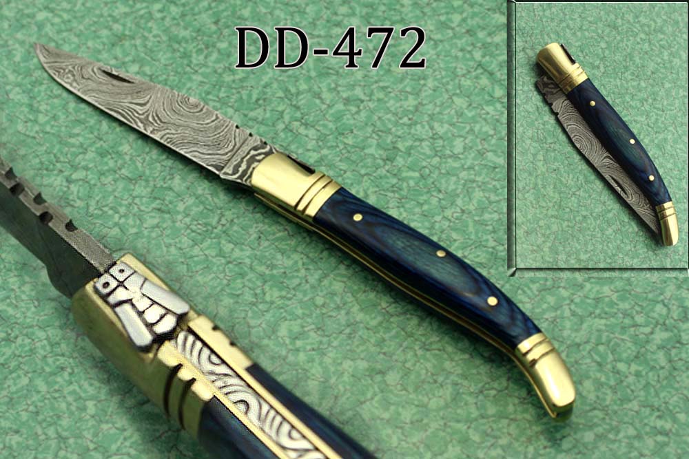 8.5" Damascus steel Laguiolle knife, Available in various scales with brass bolster, 4" twist pattern Blade,  Cow hide leather sheath included
