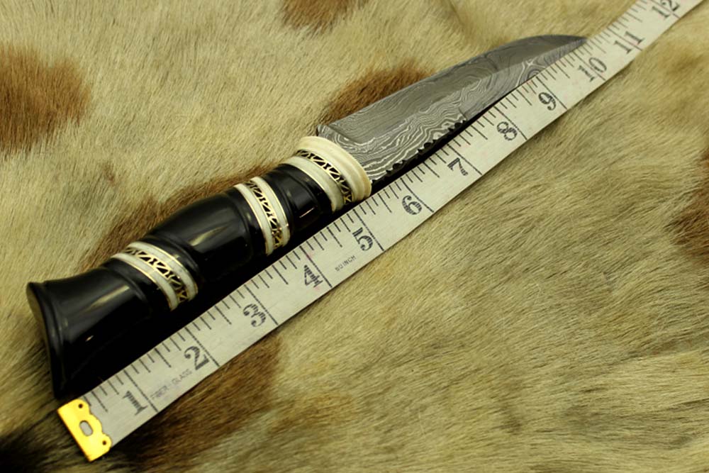 10.5" Long Damascus Steel Knife Hand Forged, Sliced Camel Bone & Bull Horn with Engraved Brass Spacer Hand Crafted Round Scale, Cow Hide Leather Sheath