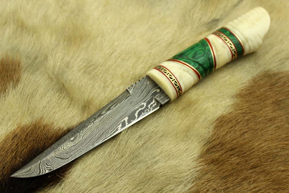 10.5" Long Damascus steel hunting Knife hand forged, hand crafted exotic round scale scale with camel bone brass & fiber, Cow Leather sheath