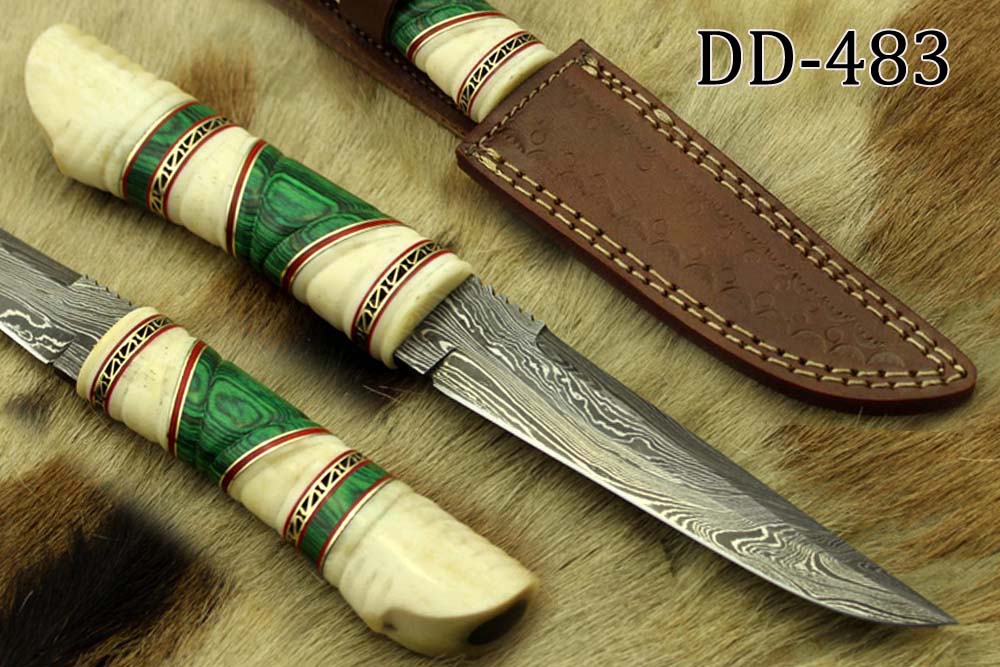 10.5" Long Damascus steel hunting Knife hand forged, hand crafted exotic round scale scale with camel bone brass & fiber, Cow Leather sheath