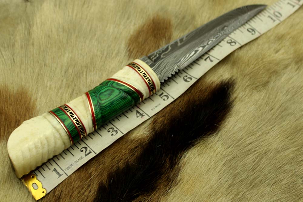 10.5" Long Damascus steel hunting Knife hand forged, hand crafted exotic round scale scale with camel bone brass & fiber, Cow Leather sheath