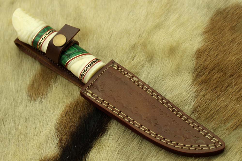 10.5" Long Damascus steel hunting Knife hand forged, hand crafted exotic round scale scale with camel bone brass & fiber, Cow Leather sheath