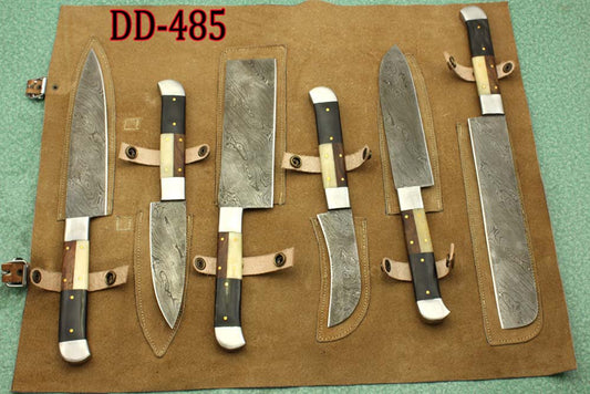7 Pieces Damascus steel kitchen knife set, Custom made hand forged Damascus steel full tang blade, Overall 70 inches Length of Damascus sharp knives, Cow hide suede Leather sheath