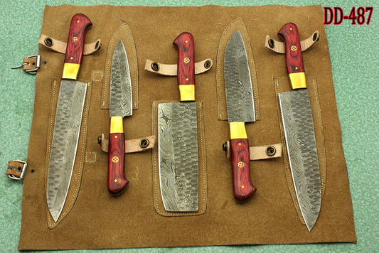 5 Pieces Hammered Damascus steel kitchen knife set, Over 50" long Damascus steel knives in 2 tone Red wood scale, includes Roll able Leather suede sheath