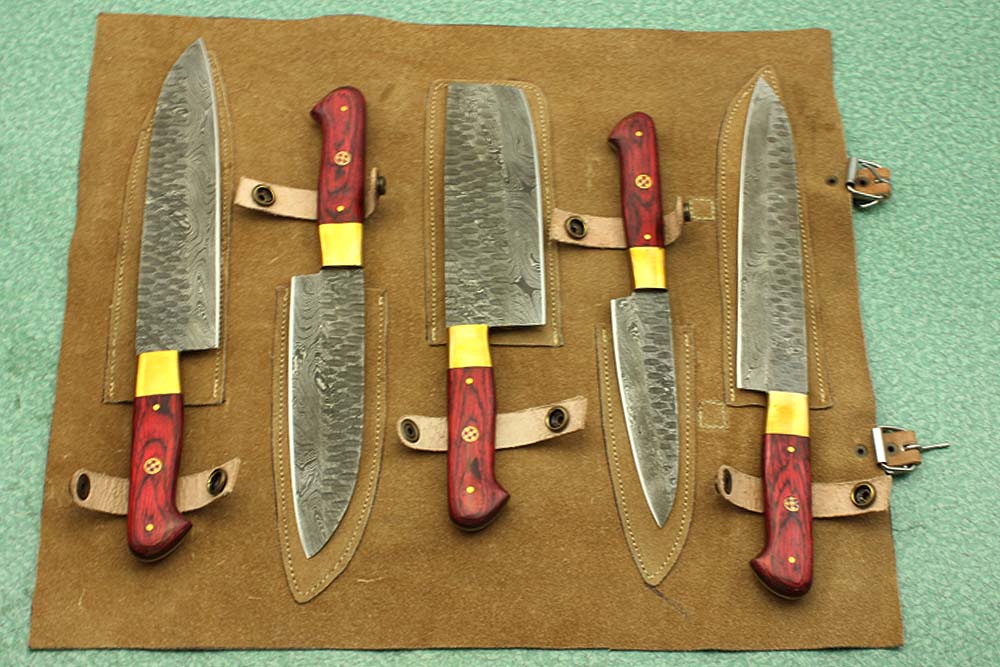 5 Pieces Hammered Damascus steel kitchen knife set, Over 50" long Damascus steel knives in 2 tone Red wood scale, includes Roll able Leather suede sheath