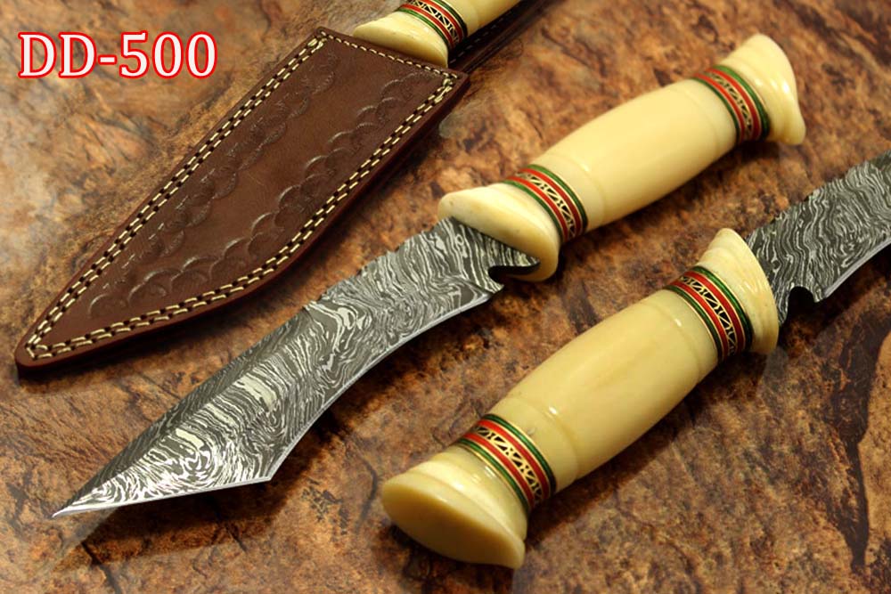 11" Long hand forged Damascus steel Tanto blade Hunting knife, exotic Hand crafted rose wood scale with engraved brass & green fiber spacer, Cow hide Leather sheath with belt loop