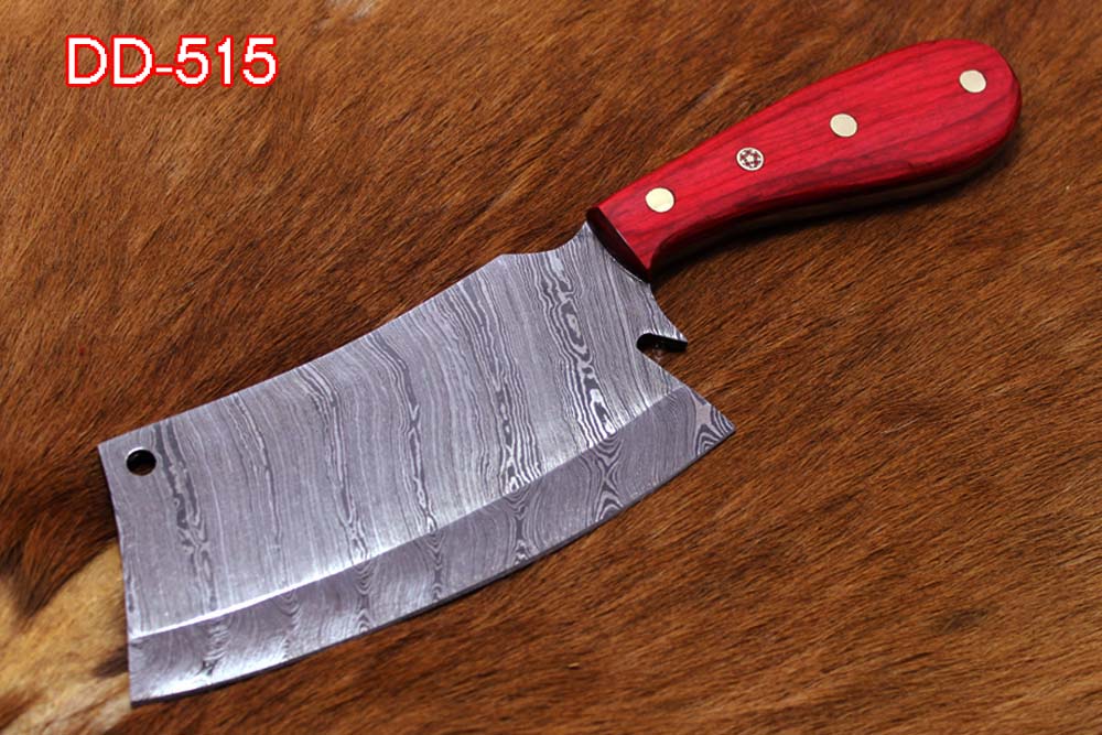 9.5" hand forged Damascus steel butcher Cleaver, Red wood scale chopper knife, Leather sheath included