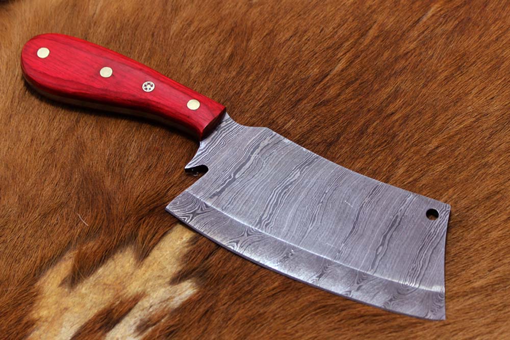 9.5" hand forged Damascus steel butcher Cleaver, Red wood scale chopper knife, Leather sheath included
