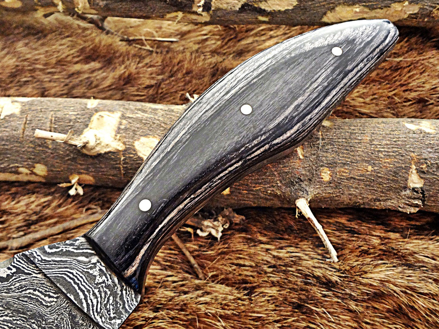 8.5" DAMASCUS STEEL BLADE POCKET KNIFE, JIGGED BULL HORN SCALE, LEATHER SHEATH