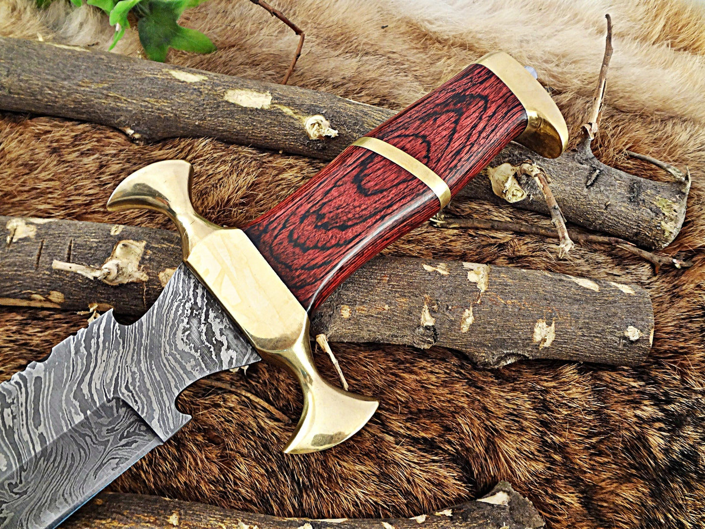 15" Long Hunting Bowie knife, hand forged Damascus steel, Red  Dollar wood with Brass Pommel & Finger guard, Cow Leather sheath
