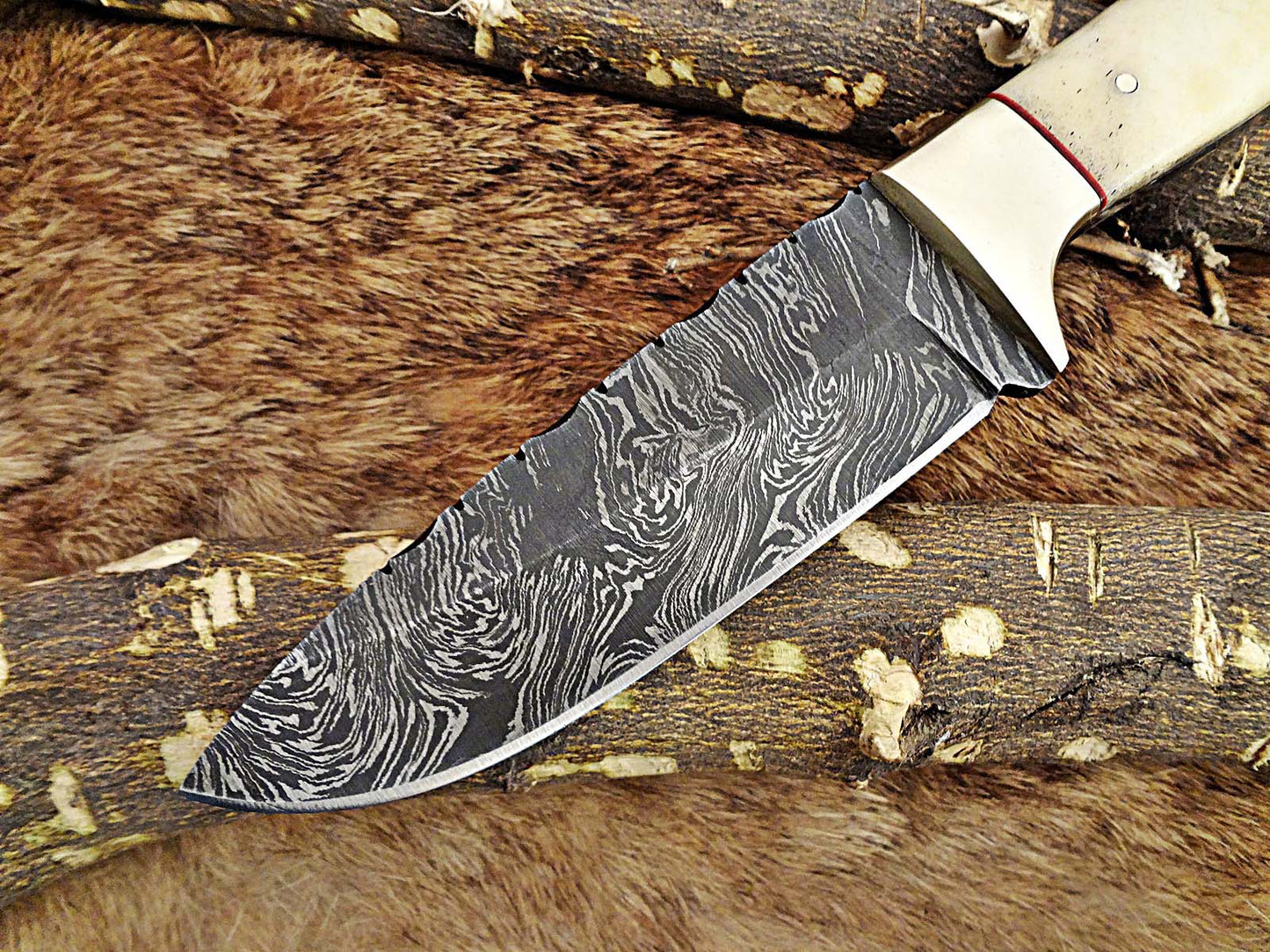 9" Damascus steel skinning knife, 4.5" full tang blade, Available in White and Red colors,  includes Cow hide Leather sheath