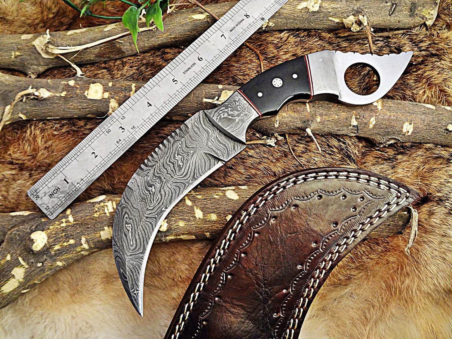 11" Long hand forged Damascus steel full tang Karambit Knife, Natural Bull horn with Damascus Bolster & Pommel finger hole, Leather sheath