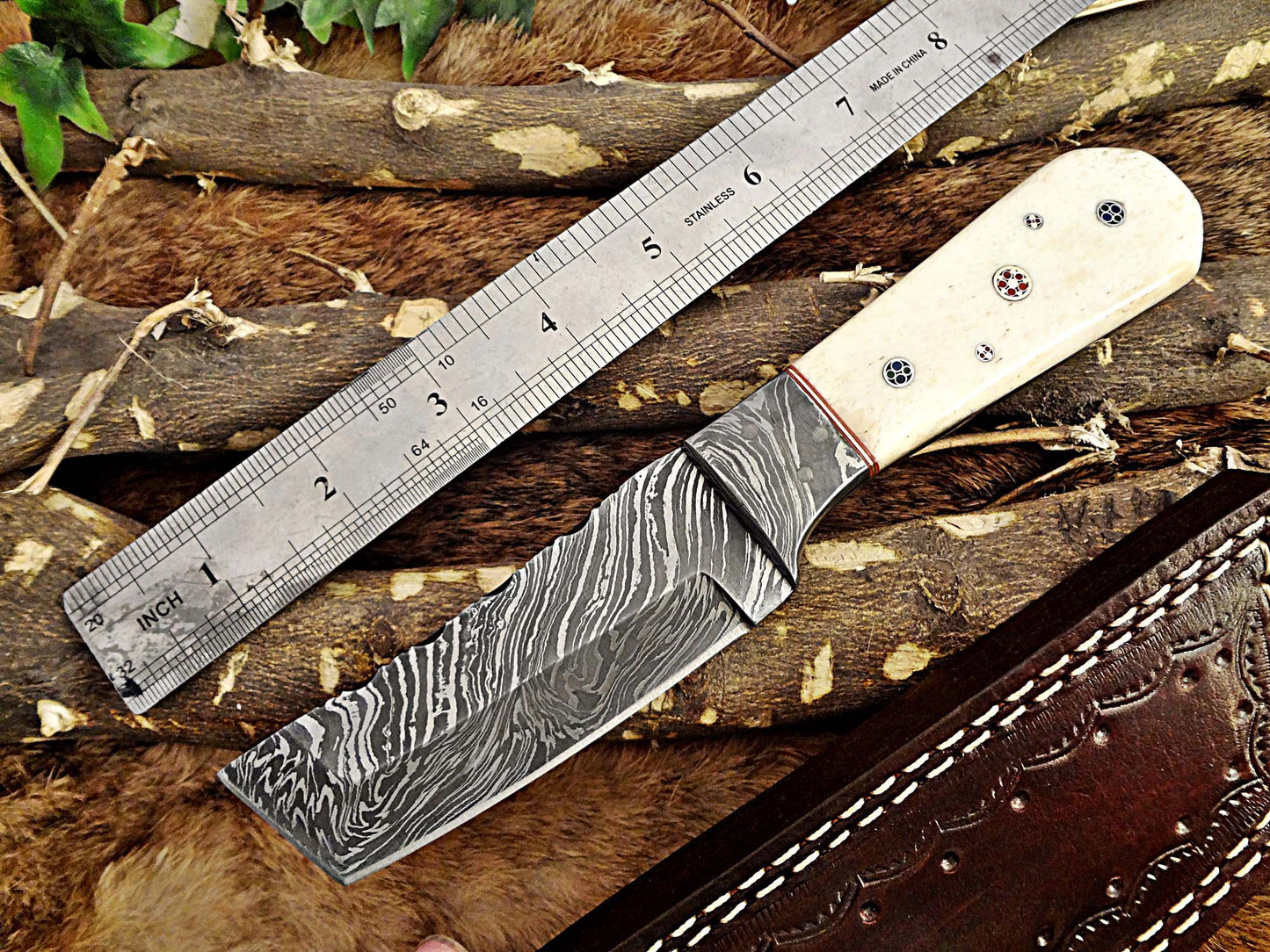 5 pieces Damascus steel Camel Bone scale skinning knives set. Overall 44 inches long Full tang Damascus steel blade knives, Cow hide leather sheath