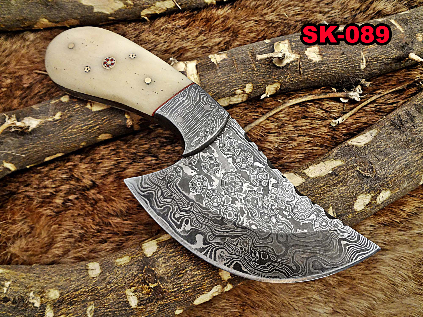 5 pieces Damascus steel Camel Bone scale skinning knives set. Overall 44 inches long Full tang Damascus steel blade knives, Cow hide leather sheath