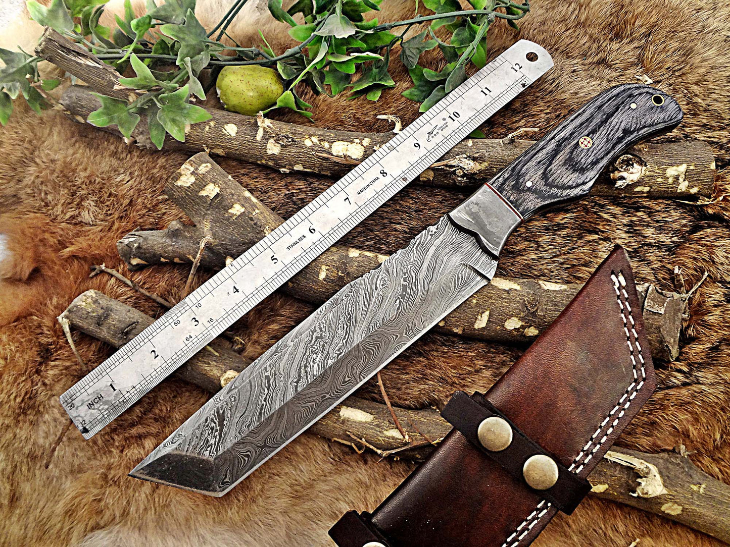 14" Long hand forged Damascus steel tracker knife full tang Tanto blade, 2Tone dollar wood scale Bakery knife, Cow hide leather sheath