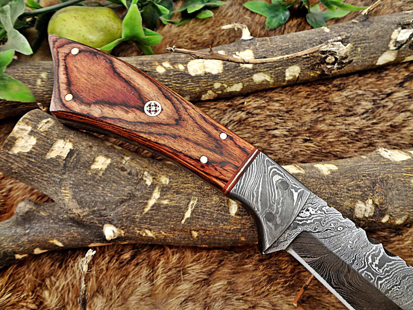11" Long Damascus steel full tang trailing point blade skinning Knife with Leather sheath, Available in 3 scales with bolster