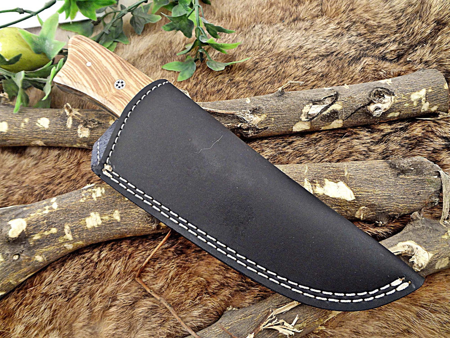 9" Long hand forged Damascus steel Skinning knife, 4.5" full tang blade, 2 colors wood scale with bolster, Cow hide Leather sheath included