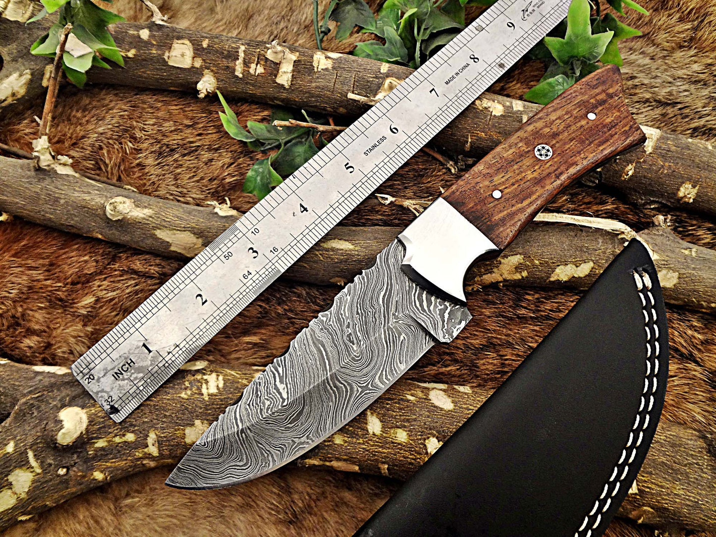 9" Long hand forged Damascus steel Skinning knife, 4.5" full tang blade, 2 colors wood scale with bolster, Cow hide Leather sheath included