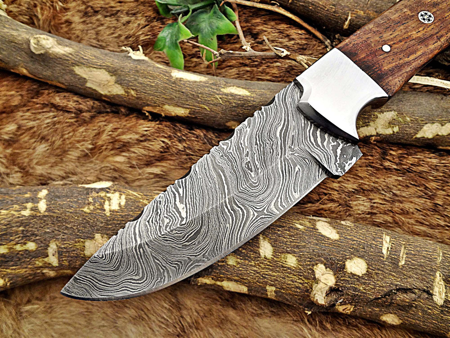 9" Long hand forged Damascus steel Skinning knife, 4.5" full tang blade, 2 colors wood scale with bolster, Cow hide Leather sheath included