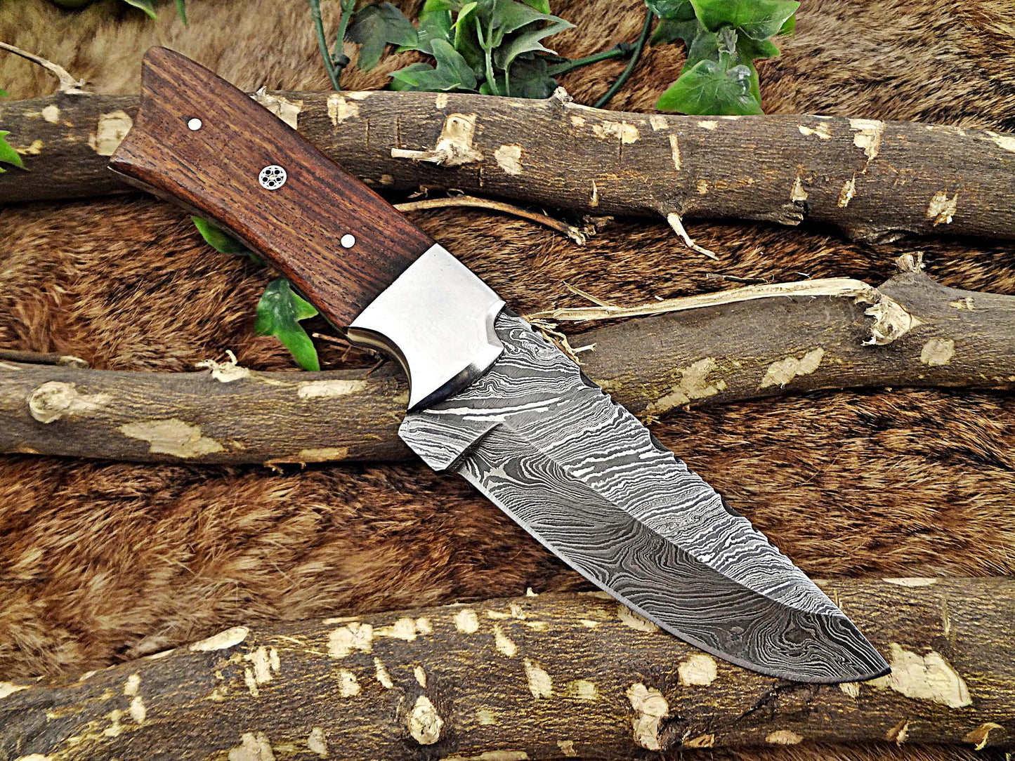 9" Long hand forged Damascus steel Skinning knife, 4.5" full tang blade, 2 colors wood scale with bolster, Cow hide Leather sheath included