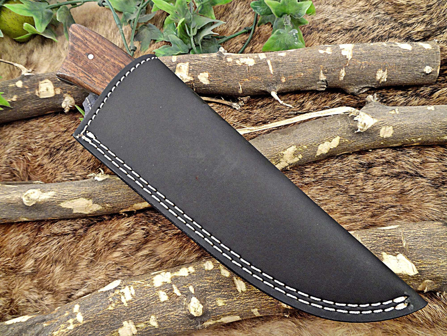 9" Long hand forged Damascus steel Skinning knife, 4.5" full tang blade, 2 colors wood scale with bolster, Cow hide Leather sheath included