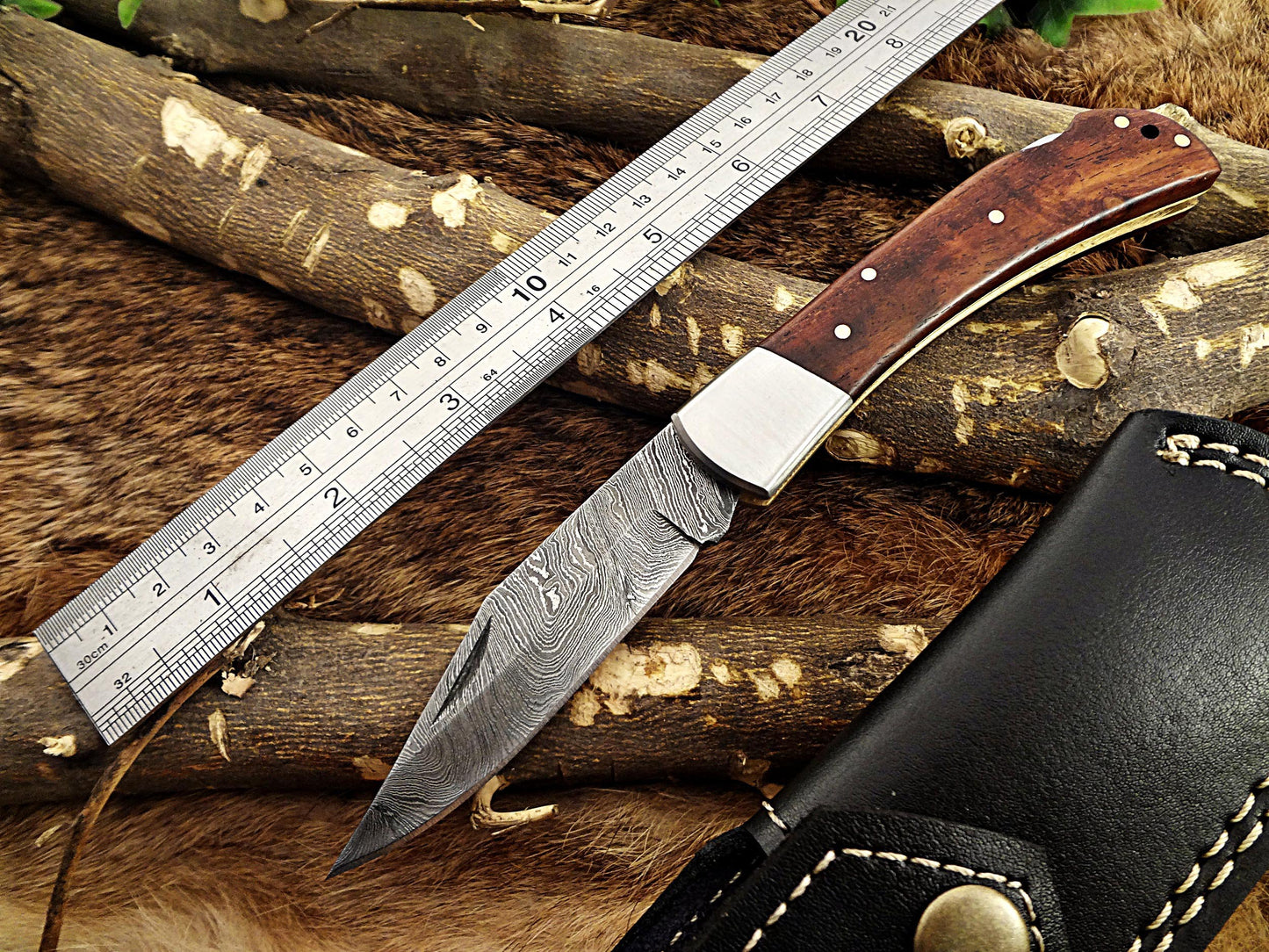 7.5" Folding Knife Damascus steel long, Kao wood with Steel bolster scale, custom made 3.5" Hand Forged blade cow hide leather sheath