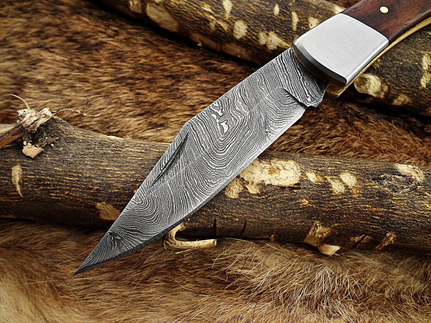 7.5" Folding Knife Damascus steel long, Kao wood with Steel bolster scale, custom made 3.5" Hand Forged blade cow hide leather sheath