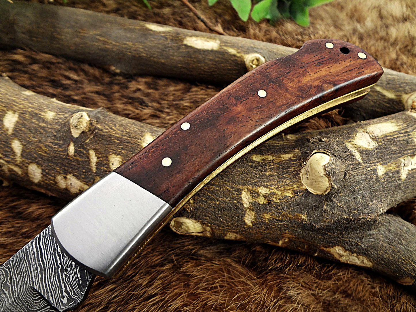 7.5" Folding Knife Damascus steel long, Kao wood with Steel bolster scale, custom made 3.5" Hand Forged blade cow hide leather sheath