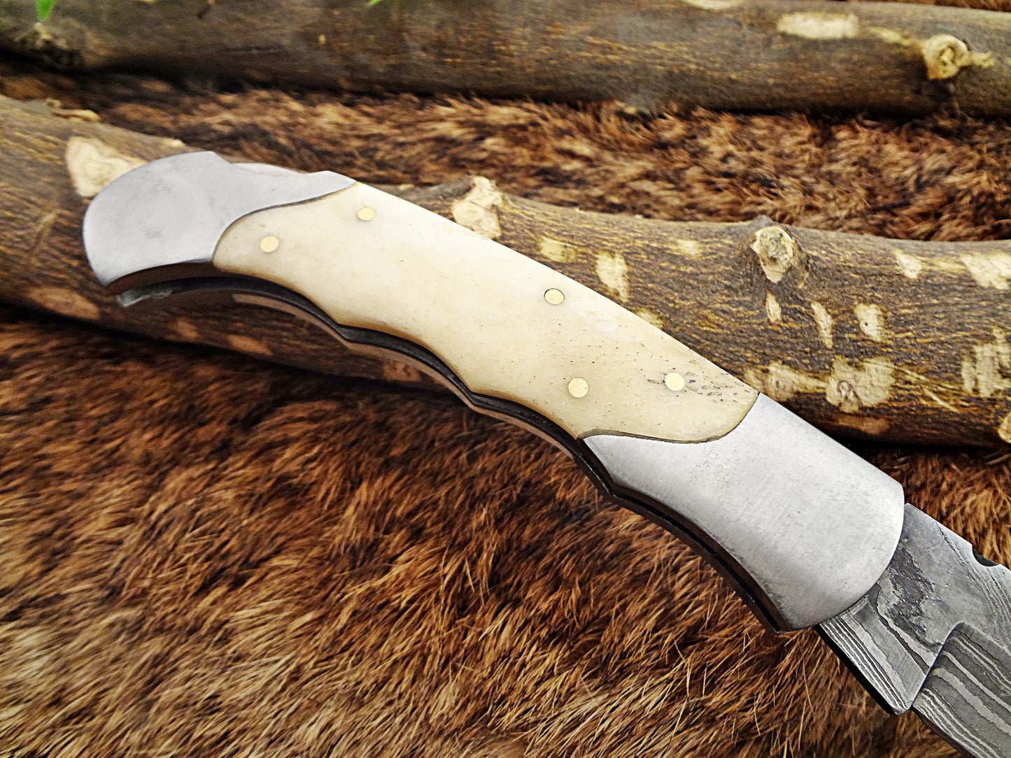 8" long Damascus steel Folding Knife, Walnut wood with Steel bolster scale, custom made 3.5" Hand Forged blade cow hide leather sheath