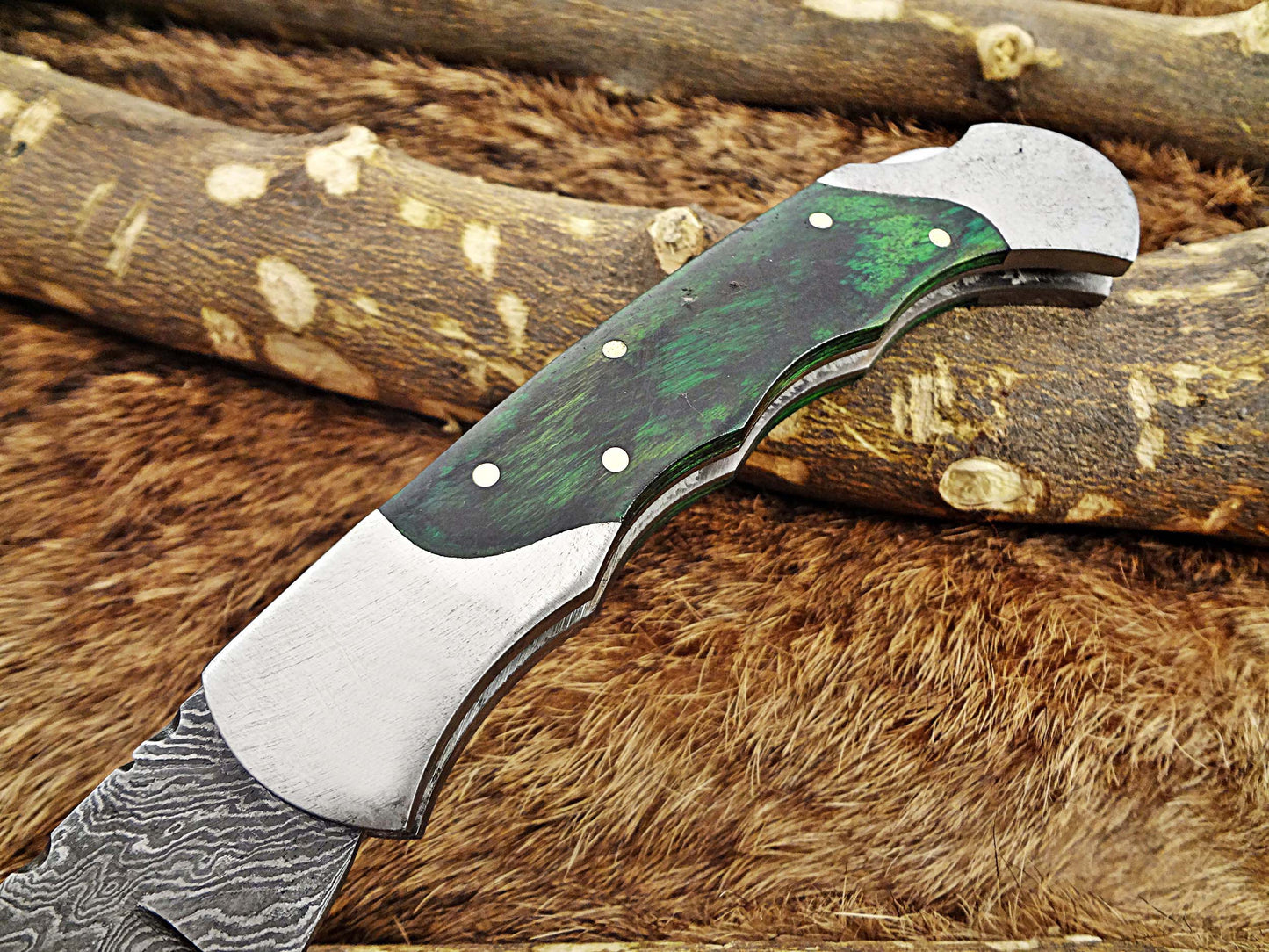 8" long Damascus steel Folding Knife, Walnut wood with Steel bolster scale, custom made 3.5" Hand Forged blade cow hide leather sheath