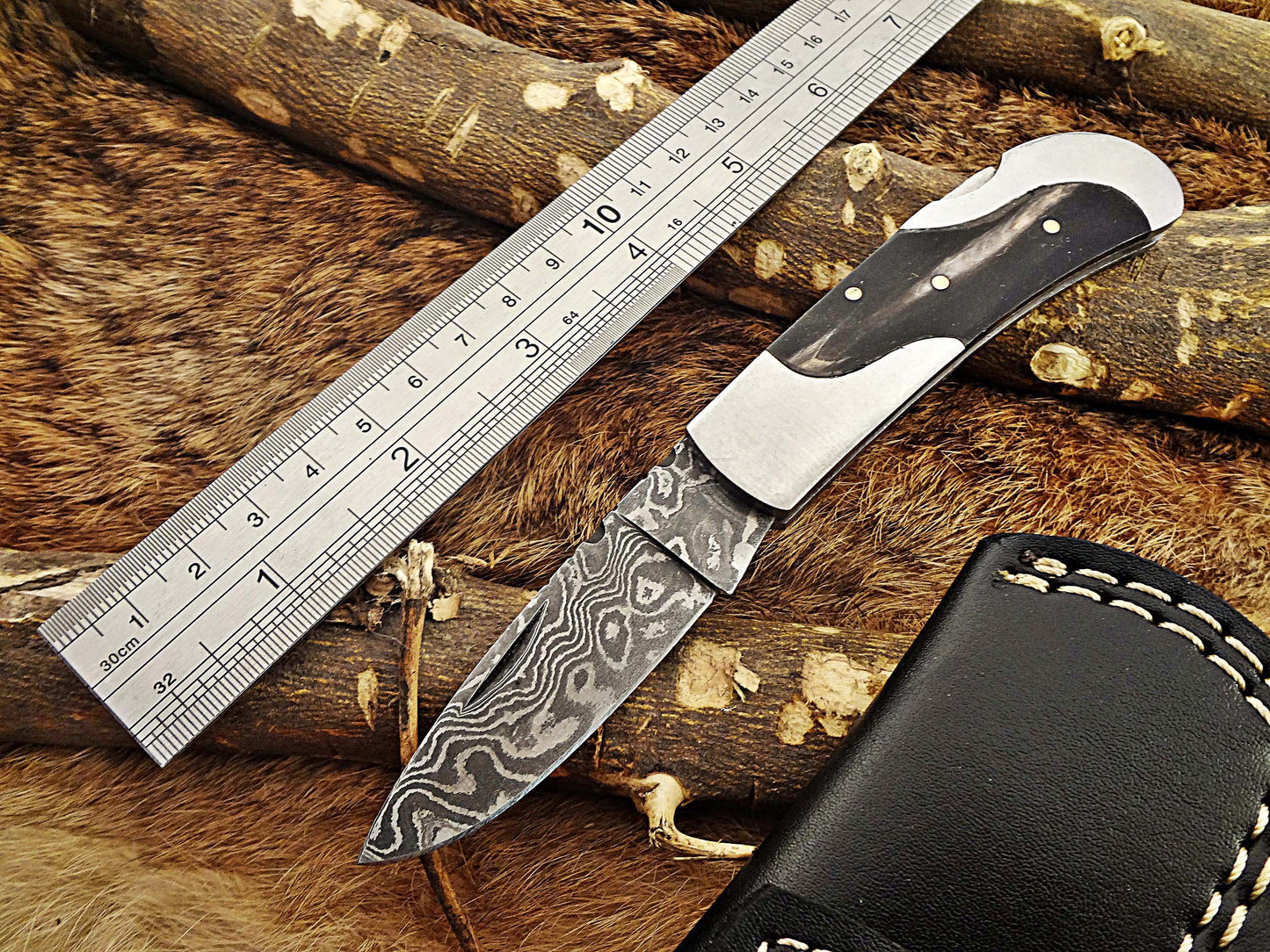 6.5 " Damascus steel Folding pocket Knife, 4 scales options, cow leather sheath included