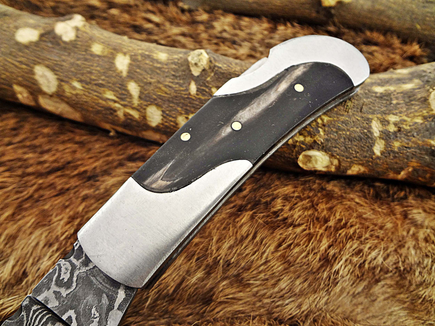 6.5 " Damascus steel Folding pocket Knife, 4 scales options, cow leather sheath included