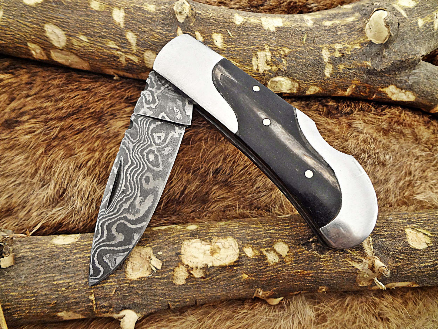 6.5 " Damascus steel Folding pocket Knife, 4 scales options, cow leather sheath included