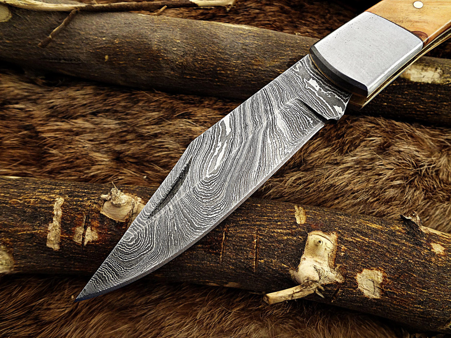 7.5" Folding Knife Damascus steel long, Kao wood with Steel bolster scale, custom made 3.5" Hand Forged blade cow hide leather sheath