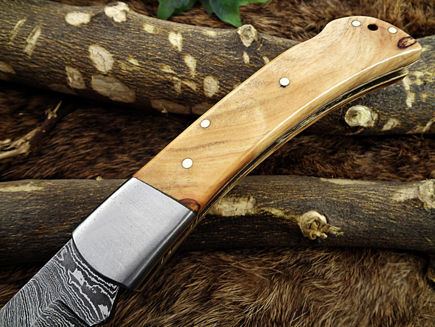 7.5" Folding Knife Damascus steel long, Kao wood with Steel bolster scale, custom made 3.5" Hand Forged blade cow hide leather sheath