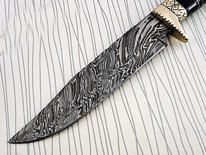 13.5 Inches long Damascus steel custom made bowie Knife bull horn with engraved brass scale Hand Forged 8" blade cow hide leather sheath
