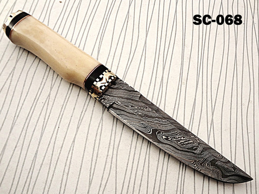 11" Long Damascus steel hunting Knife hand forged fire pattern, engraved Camel bone & brass round scale, thick Cow hide leather sheath