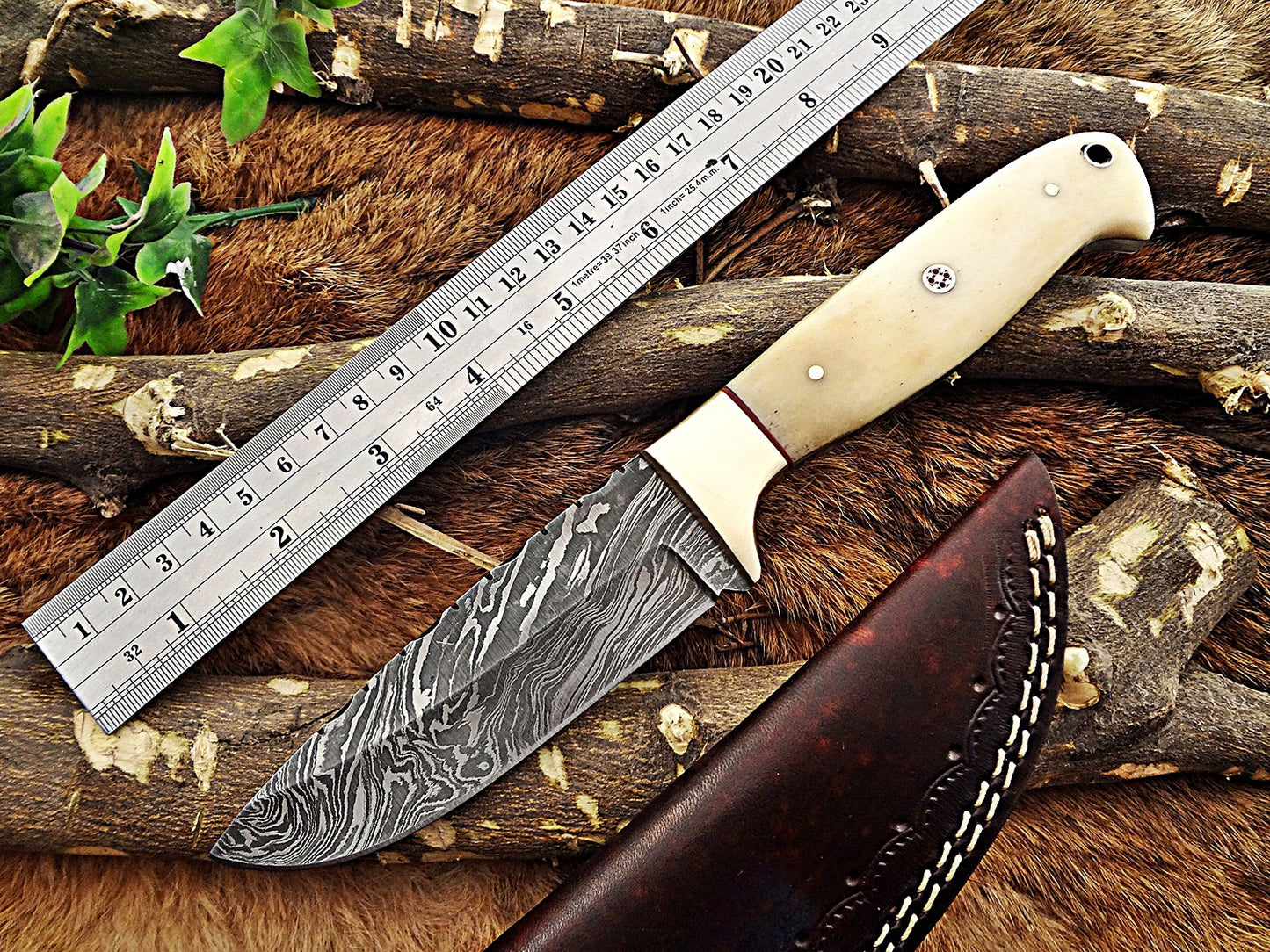 5 pieces Damascus steel Camel Bone scale skinning knives set. Overall 44 inches long Full tang Damascus steel blade knives, Cow hide leather sheath