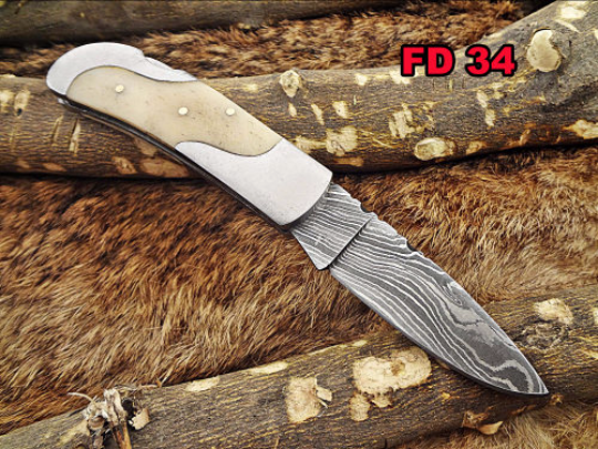 6.5 " Damascus steel Folding pocket Knife, 4 scales options, cow leather sheath included