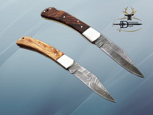 7.5" Folding Knife Damascus steel long, Kao wood with Steel bolster scale, custom made 3.5" Hand Forged blade cow hide leather sheath