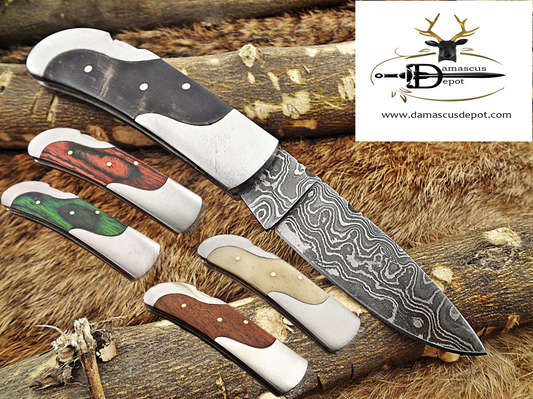 6.5 " Damascus steel Folding pocket Knife, 4 scales options, cow leather sheath included