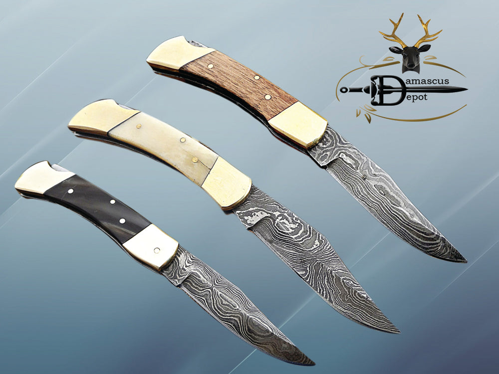 7.5" back liver lock Folding Knife, Hand forged Damascus steel blade, Available in wood, Bone and Horn scales bolster, Comes with cow hide leather sheath