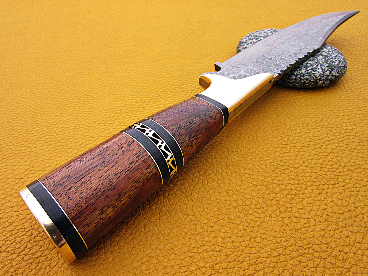 12" Long Damascus steel Skinning Knife hand forged Twist pattern Damascus steel, Rose wood round scale crafted with engraved brass spacer & cap, Cow hide leather sheath with belt loop