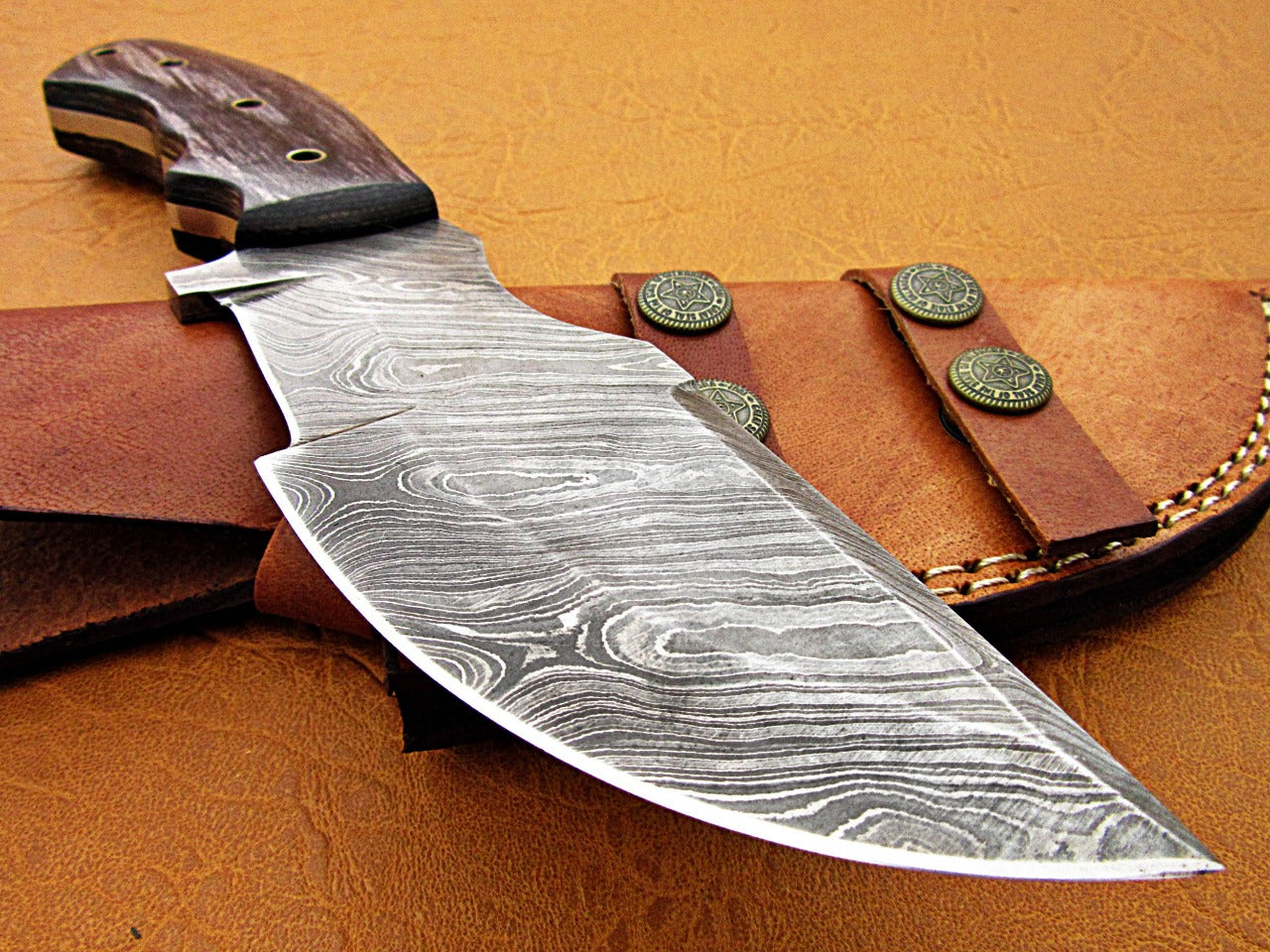 10" Long hand forged twist pattern full tang hand forged Damascus steel tracker knife, dollar wood with holes scale, Cow hide leather sheath