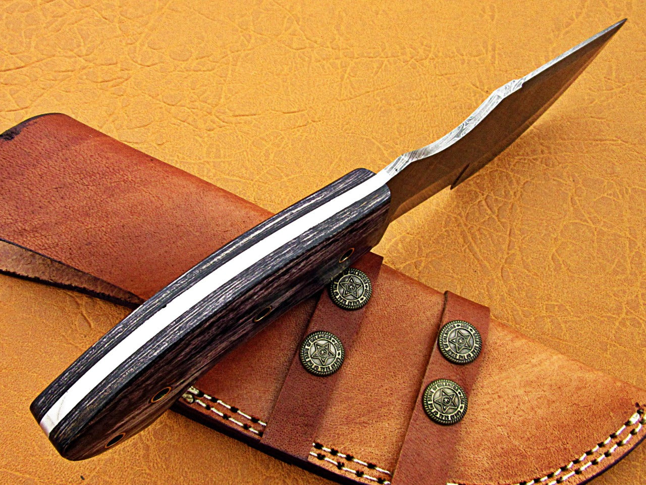 10" Long hand forged twist pattern full tang hand forged Damascus steel tracker knife, dollar wood with holes scale, Cow hide leather sheath