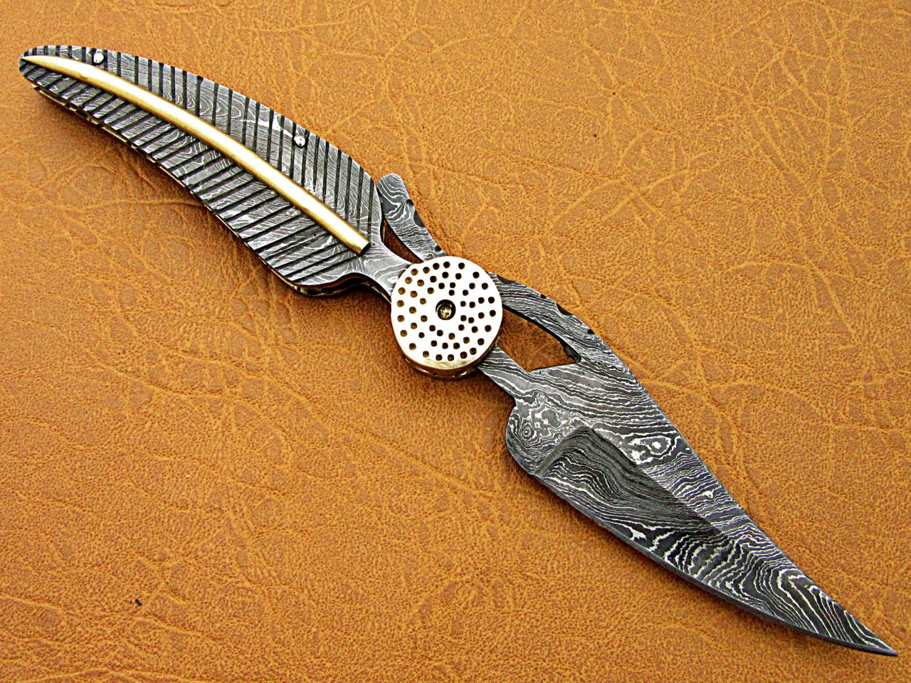 8" hand forged Damascus steel leaf folding pocket knife custom made, Engraved Damascus scale with bras art work cow leather sheath