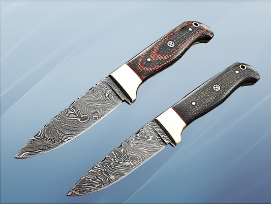 8.5" Long hand forged Damascus steel skinning knife, 4" full tang blade, Solid and 2 tone black scales available, Cow hide Leather sheath included